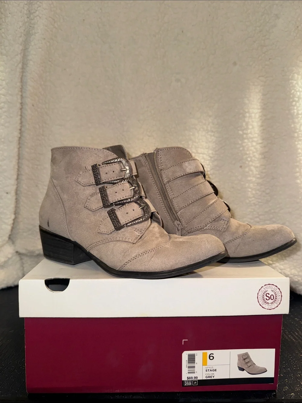 SO Taupe Suede Triple Buckle Ankle Boots